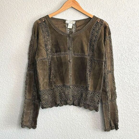 S.M.H. Sweaters - Large Forest Green Vintage Leather Patch Crochet Lace Button Up Cardigan Sweater
